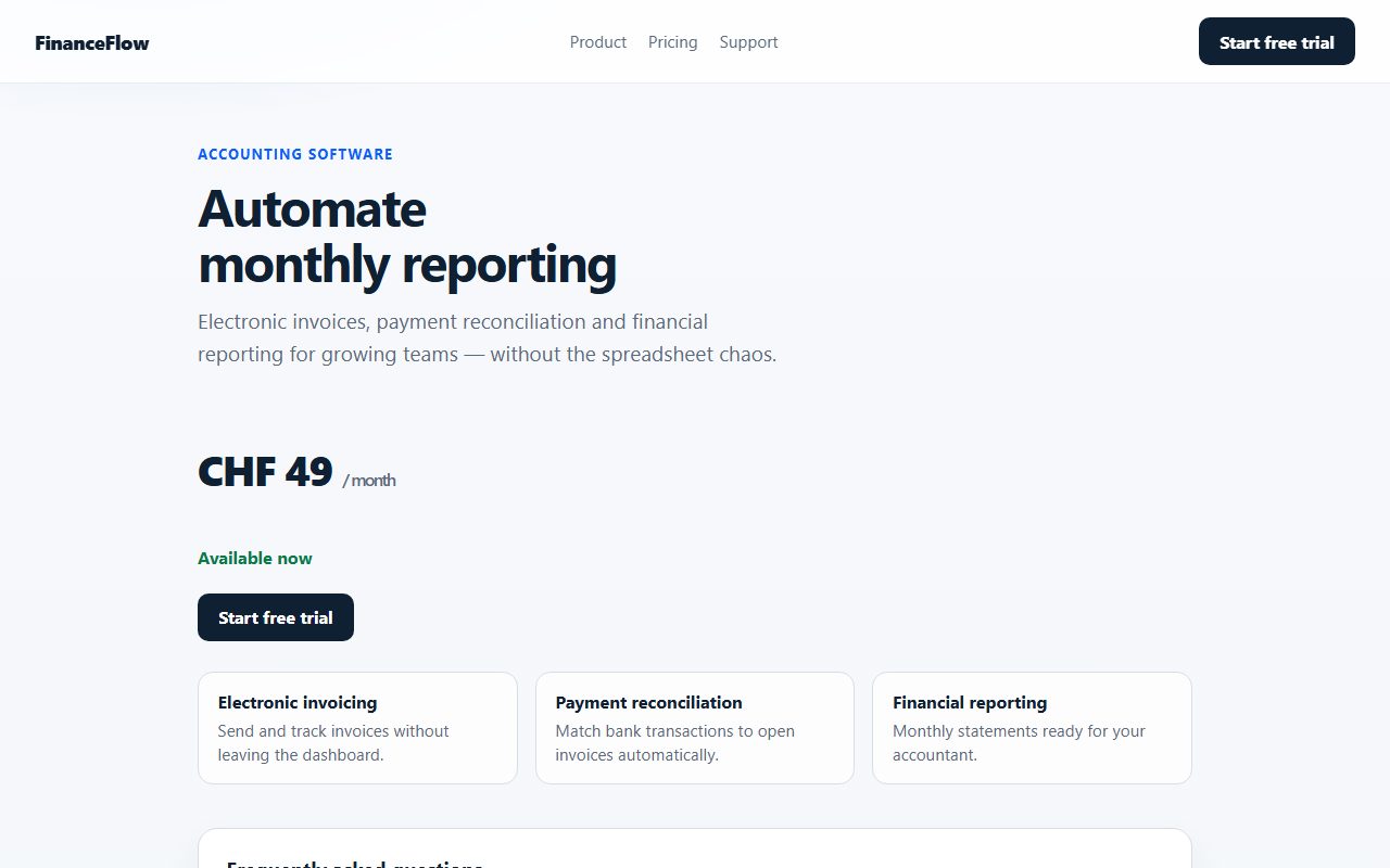 FinanceFlow product page as seen in the browser: price, availability and FAQ visible